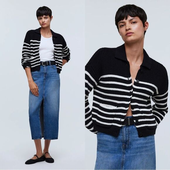 NEW MADEWELL Ribbed Polo Cardigan Sweater in “True Black” stripe - Picture 1 of 9